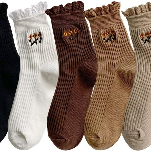 Jewelry - Women's Ruffle Frilly Rib Knit Crew Socks Floral Embroidery Scalloped Pointelle